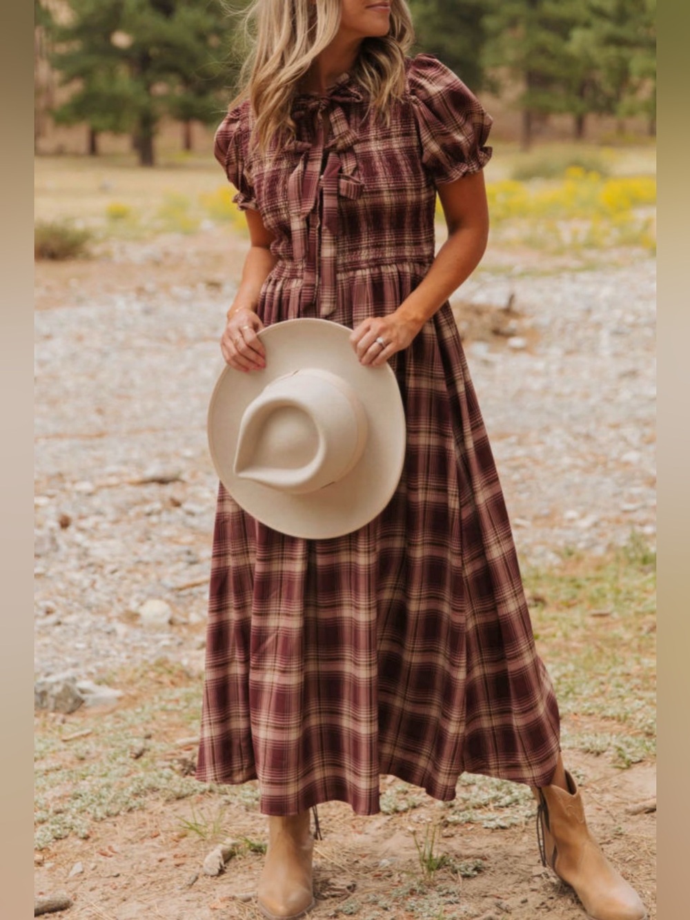 Plaid Tie-Neck Maxi Dress in Brown